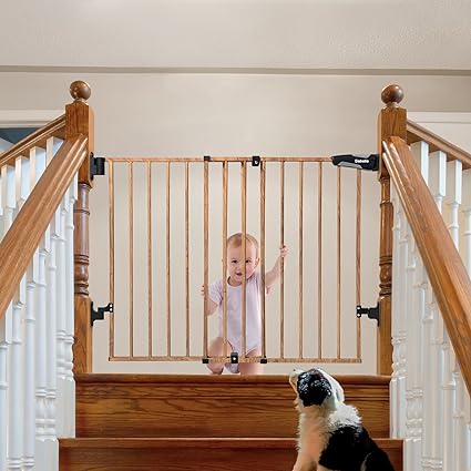 Photo 1 of Babelio 26-43" No Bottom Bar Baby Gate for Babies, Elders and Pets, 2-in-1 Auto Close Dog Gate for The House, Stairs and Doorways, Safety Pet Gates with Large Walk Thru Door, Brown Wood Pattern
