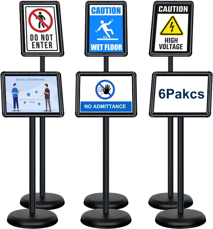 Photo 1 of Mutualsign Pedestal Sign Holder 8.5"x 11" Adjustable Standing Sign Holders Black Floor Standing Sign Holder Vertical and Horizontal View Sign Display for Posters, Menu, Ads (6 Packs)
