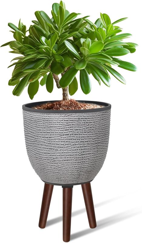 Photo 1 of Opnons 12 Inches Plant Pot with Stand, Large Decorative Standing Planters with Drainage Holes for Indoor Plants, Modern Gray Flower Pots with Legs
