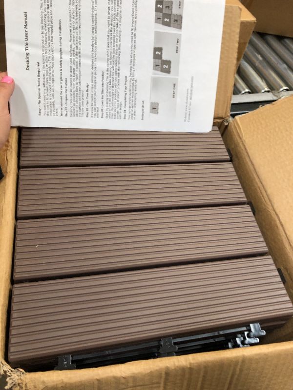 Photo 1 of domi outdoor living Patio Deck Tiles, 12 x 12 inches Composite Interlocking Decking Tile, Four Slat Plastic Outdoor Flooring,  One Pack, Dark Brown
