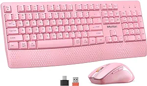 Photo 1 of MEETION Wireless Keyboard and Mouse, Ergonomic Keyboard Mouse, 3 DPI Adjustable USB A and USB C Adapter Full-Sized Cordless Keyboard and Mouse, Wrist Rest for PC/Computer/Laptop/Windows/Mac, PINK 