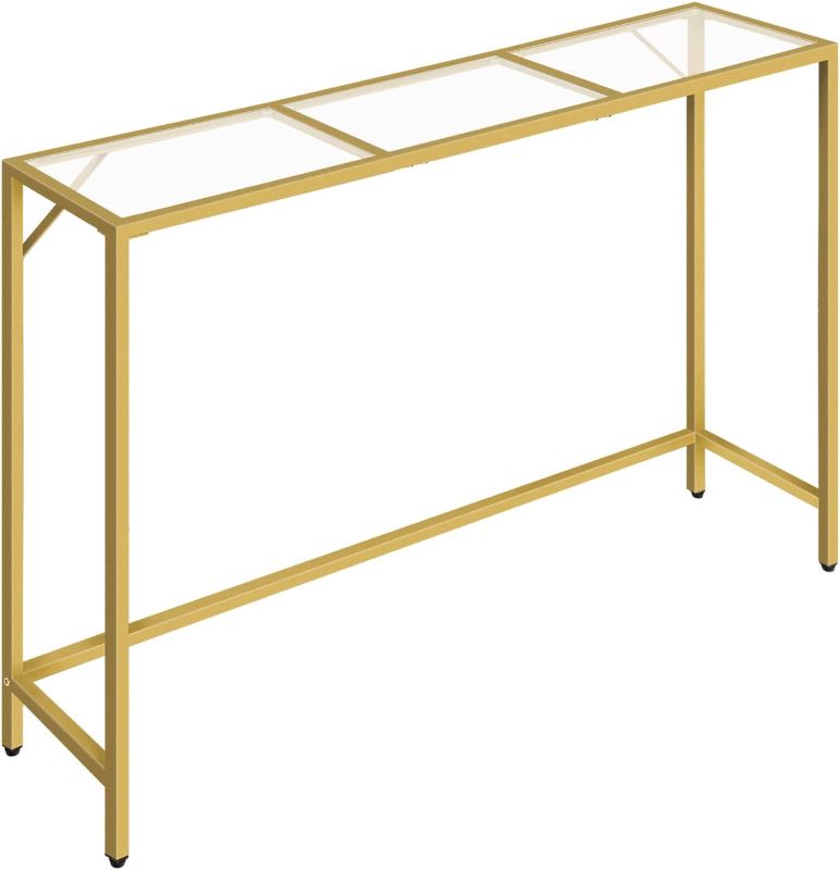 Photo 1 of Console Table, 40.2” Modern Sofa Table, Tempered Glass Hallway Table, Slim Couch Table, Narrow Sofa Table with Metal Frame, Easy to Install, for Entryway, Living Room, Gold CTJ101B01
