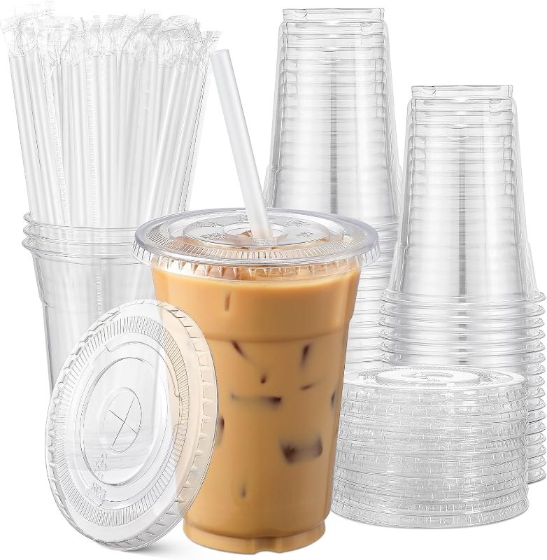 Photo 1 of AOZITA [100 Sets] 16 oz Clear Plastic Cups With Lids and Straws, Disposable Cups With Lids for Iced Coffee, Smoothie, Milkshake and Cold Drinks
