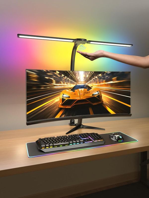 Photo 1 of RGB Double Swing Arm Desk Lamp - 24W Ultra Bright Auto Dimming Desk Light, Multi-Angle Adjustment, Touch Control Desktop Lamp- Ideal for Home Office, Gaming, Reading, Work
