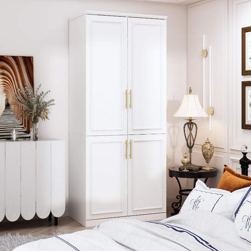Photo 1 of ECACAD White Wardrobe Armoire with 4 Doors, 3-Tier Shelves & Hanging Rod, Wooden Closet Storage Cabinet for Bedroom (30.2”W x 19.3”D x 74.8”H)
