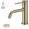 Photo 1 of Single-Handle Single Hole Low-Arc Bathroom Faucet with Drain Assembly Drip-Free Vanity Sink Faucet in Brushed Gold
