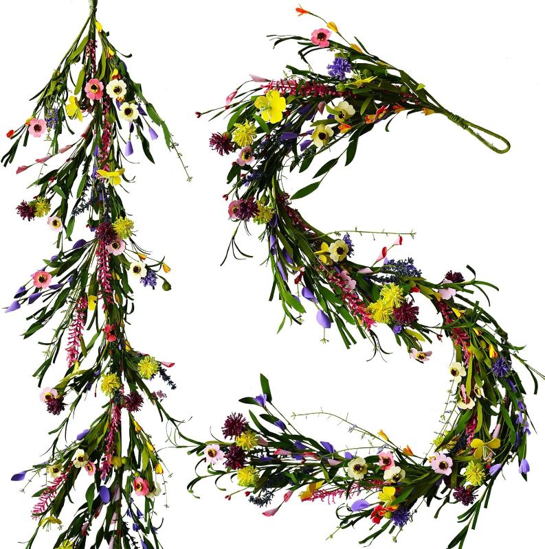 Photo 1 of 2PCS Artificial Wildflower Garland, 6FT Faux Flower Hanging Vine, Purple Flowers Ivy, Spring Summer Garland with Eucalyptus Lavender Vine for Sign Board Party Home Decor
