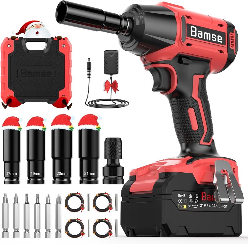 Photo 1 of Bamse Impact Wrench Cordless, Brushless Power Impact Gun 21V, 1/2'', 4.0Ah Battery, 3200RPM & Max Torque 480 Ft-lbs (650N.m) with 4 Sockets, Electric Impact Driver for Car Tires and Home
