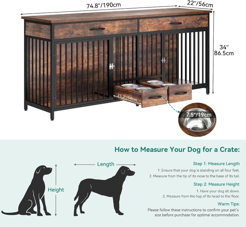 Photo 4 of (READ FULL POST) YITAHOME Double Dog Crate Furniture with Feeder, 64" Indoor Dog Kennel for Large Breed with Storage, Wooden Dog Crate TV Stand Table for 2 Small...
