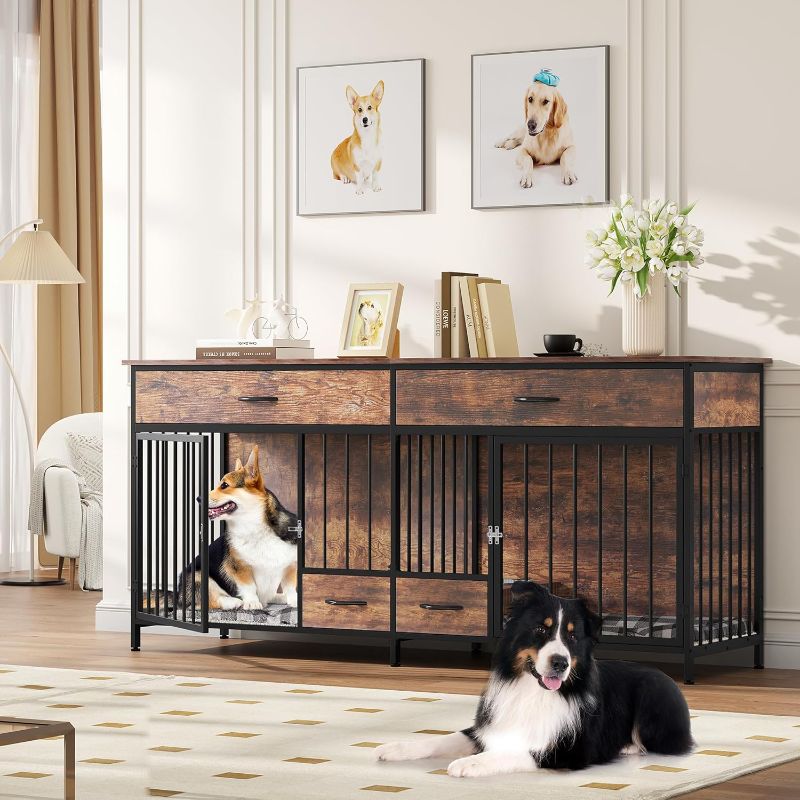 Photo 1 of (READ FULL POST) YITAHOME Double Dog Crate Furniture with Feeder, 64" Indoor Dog Kennel for Large Breed with Storage, Wooden Dog Crate TV Stand Table for 2 Small...
