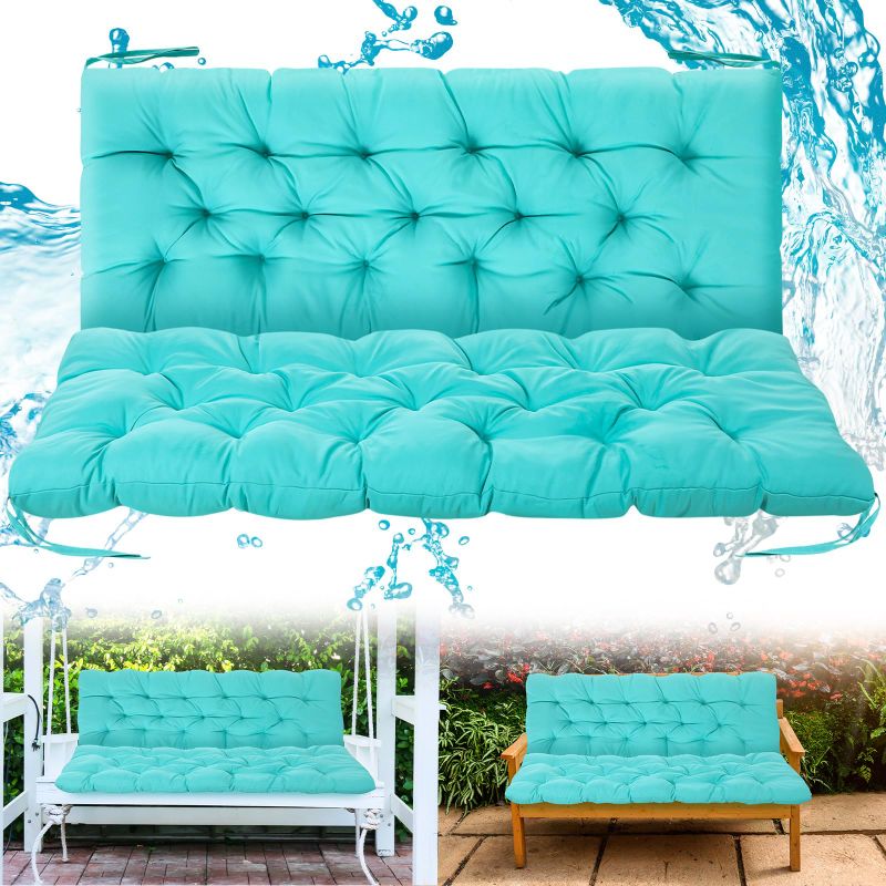 Photo 1 of 2 Pcs 59 x 19.6 Inch Waterproof Bench Cushions for Outdoor Furniture Thicken Patio Swing Cushions 2/3 Seater Couch Cushion Backrest Replacement with Ties for Garden Porch Lounger, Turquoise