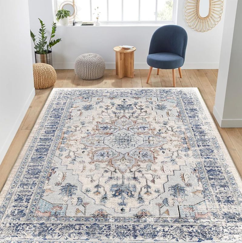 Photo 1 of  Area Rug 8x10 Rugs for Living Room 8 x 10 Washable Rugs Non Slip Vintage Boho Living Room Rugs for Bedroom Dining Room, Distressed Floral Pattern Carpet, Beige Blue Beige/Blue 8x10