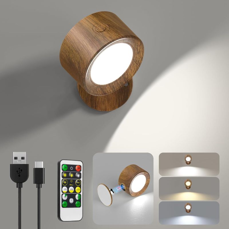 Photo 1 of ***USED NOT TESTED*** LED Wall Lights, Wall Sconces with Remote Rechargeable Battery Operated, 3 Color Temperatures & Dimmable Wall Lamp Magnetic 360° Rotation Wireless Light for Bedroom Living Room