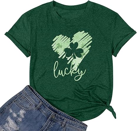 Photo 2 of  Irish St. Patrick's Day Shirts for Women Four-Leaf Clover Printed Short Sleeve Tee Tops LARGE