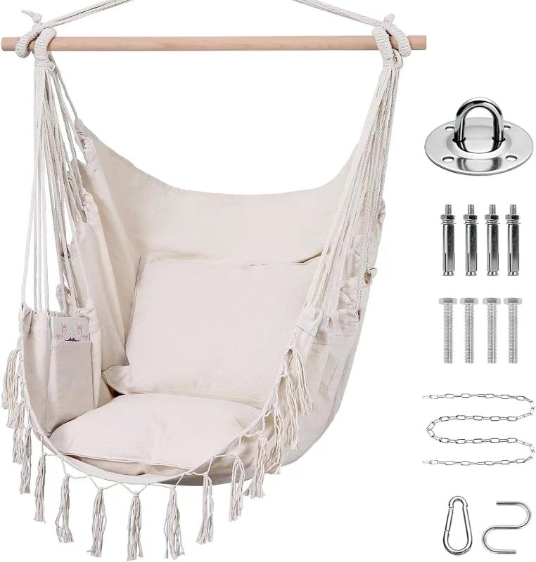 Photo 1 of ***USED - LIKELY MISSING PARTS - UNABLE TO VERIFY FUNCTIONALITY***
Goutime Hammock Chair,Hanging Rope Ceiling Swing with 2 Cushions, Macrame Boho Hanging Chairs for Indoor,Outdoor,Bedroom,Outside,Garden,Balcony,Yard,Deck,Max 330 Lbs (Beige)