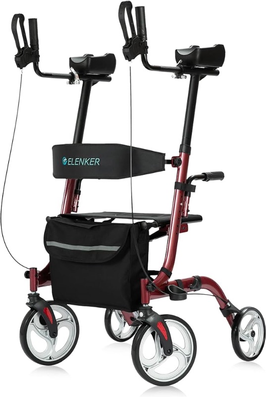 Photo 1 of ***STOCK PHOTO REFERENCE ONLY*** Upright Walker, Stand Up Folding Rollator Walker with 10” Front Wheels Backrest Seat and Padded Armrests for Seniors and Adults, red