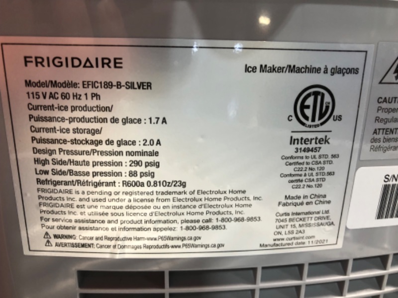 Photo 6 of ***USED - POWERS ON - UNABLE TO TEST FURTHER - MISSING SCOOP***
FRIGIDAIRE EFIC189-Silver Compact Ice Maker, 26 lb per Day, Silver (Packaging May Vary)