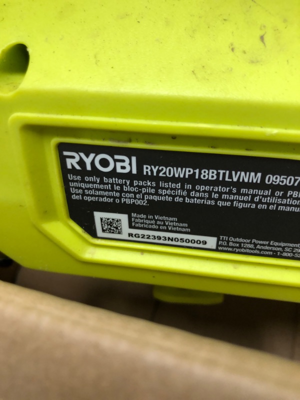 Photo 3 of ***ITEM TESTED FOR POWER, UNABLE TO TEST FURTHER*** One+ hp 18v 1/4 hp cordless battery powered transfer pump RY20WP182K