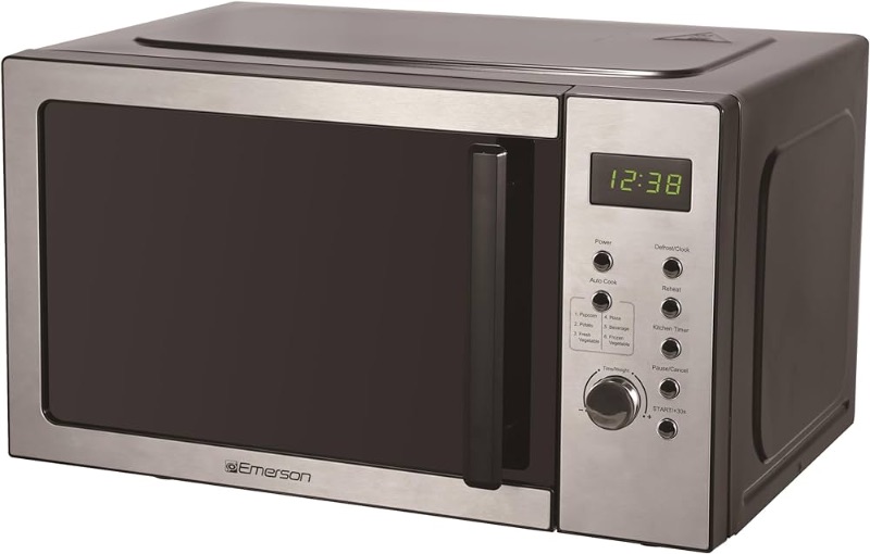 Photo 1 of ***USED - TURNTABLE BROKEN - POWERS ON - UNABLE TO TEST FURTHER***
Emerson MW9005SS Compact Countertop Microwave Oven with Button Control, LED Display, 900W 5 Power Levels, 6 Auto Menus, Glass Turntable and Child Safe Lock, 0.9 Cu. Ft, Stainless Steel