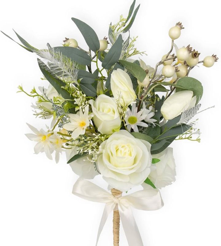 Photo 1 of ***FACTORY SEALED*** LLZLL Rose Artificial Flowers 6 Bunches White Flower Bouquet with Berries and Eucalyptus Leaf 17 Inch Faux Floral Arrangements for Wedding or Home Party Decor