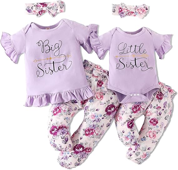 Photo 1 of "Little Sister" 1 outfit****STOCK PHOTO REFERENCE ONLY*** DAKEIK Newborn Baby Girl Clothes Infant Girl Romper Floral Ruffle Sleeves Bell Cuffs Pants Headband Foot covers 3pcs 2t