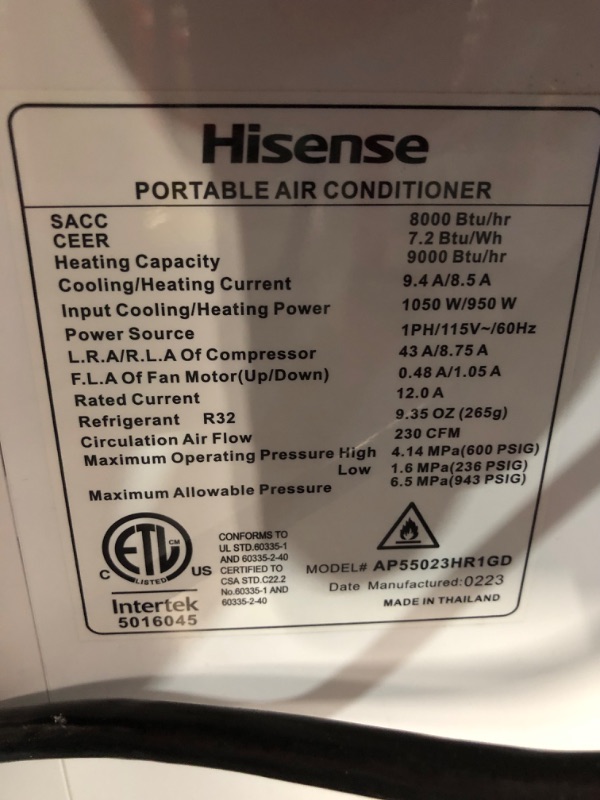 Photo 8 of ***USED - POWERS ON - UNABLE TO TEST FURTHER - NO PACKAGING - SEE PICTURES***
Hisense Smart SACC 8,000 BTU Dual Hose Portable Air Conditioner with Heat Pump, 4-modes (Cool, Heat, Fan, Dehumidifier) WiFi, Remote, Up to 550 sq. ft., AP55023HR1GD White - (Re