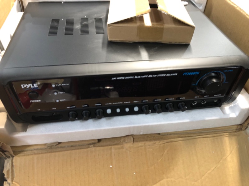 Photo 1 of Pyle Wireless Bluetooth Power Amplifier System 300W 4 Channel Home Theater Audio Stereo Sound Receiver Box Entertainment w/ USB, RCA, 3.5mm AUX, LED, Remote for Speaker, PA, Studio- PT390BTU,BLACK