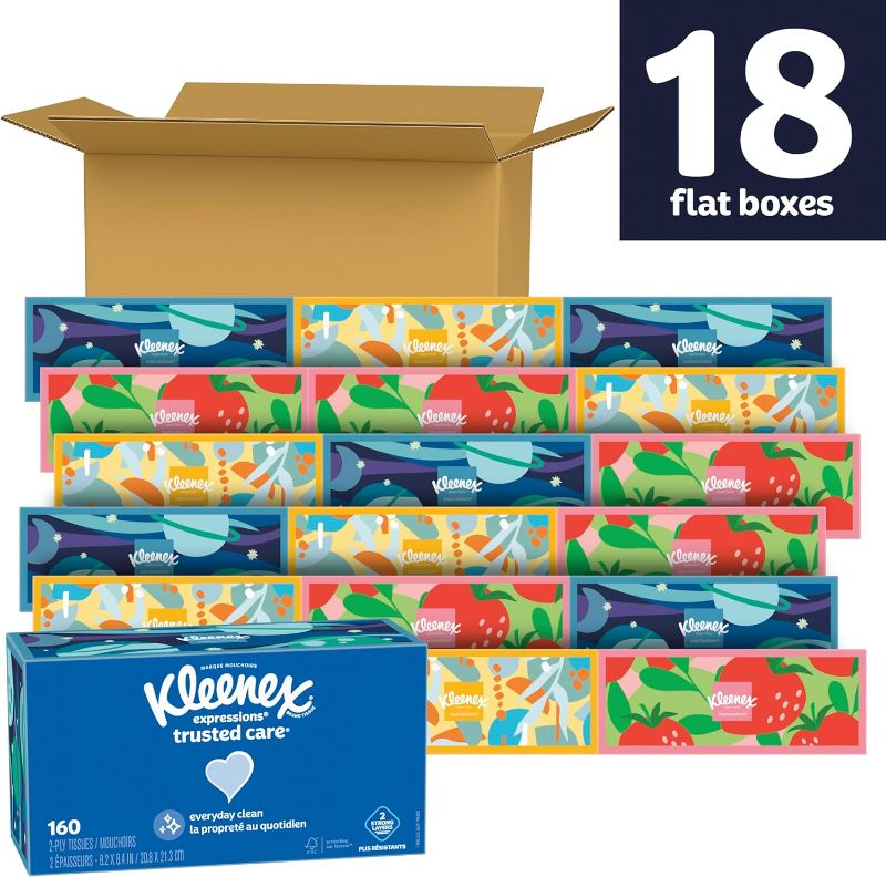 Photo 1 of ***USED - DAMAGED - CRUSHED - SEE PICTURES***
Kleenex Expressions Trusted Care Facial Tissues, 18 Flat Boxes, 160 Tissues per Box, 2-Ply (2,880 Total Tissues), Packaging May Vary