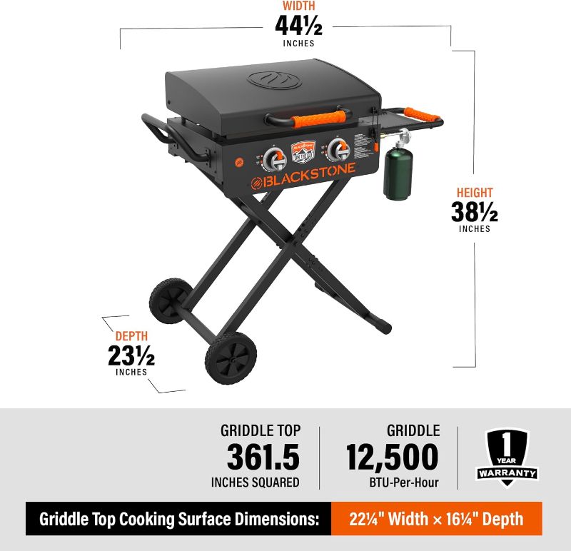 Photo 6 of (READ FULL POST) Blackstone 1935 On The Go Scissor-Leg Two Burners Gas Hood, Wheels, Side Shelf Heavy Duty Outdoor Stainless Steel Griddle for Backyard, Patio Camping, 22, Black Black 22