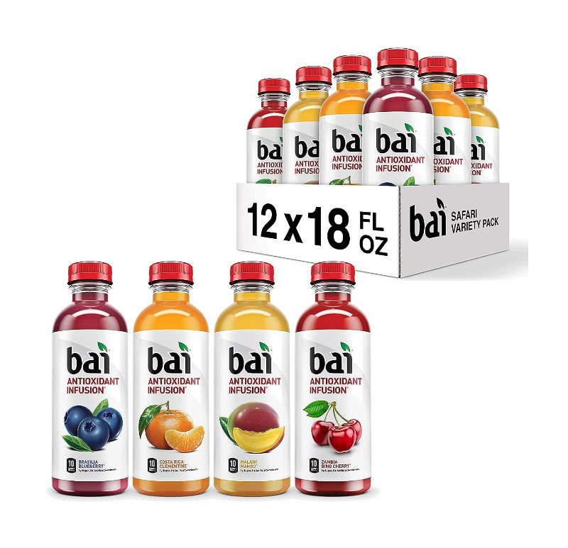 Photo 1 of ***NON REFUNDABLE*** Bai Flavored Water, Safari Variety Pack, Antioxidant Infused Drinks, 3 Each of Brasilia Blueberry, Costa Rica Clementine, Malawi Mango, Zambia Bing Cherry,18 Fl Oz Bottles (Pack of 12) (EXPIRATION: 8/26/2024)
