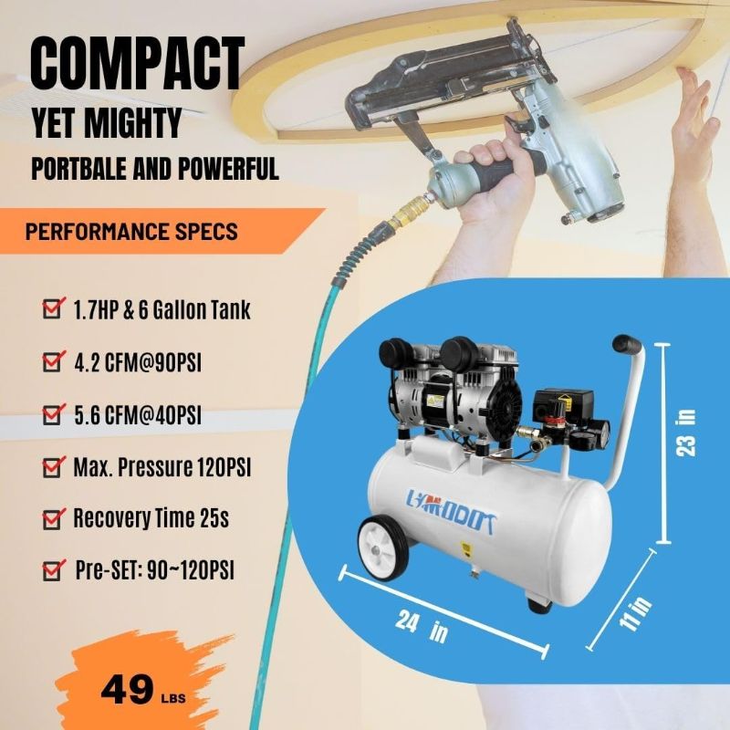 Photo 4 of (READ FULL POST) Air Compressor, Ultra Quiet Air Compressor, Only 68dB, 6 Gallon Durable Steel Air Tank, 4.2CFM @ 90PSI, Oil-Free, Ideal For Shop, Garage, Car, Pneumatic Tool, 1.7 HP
