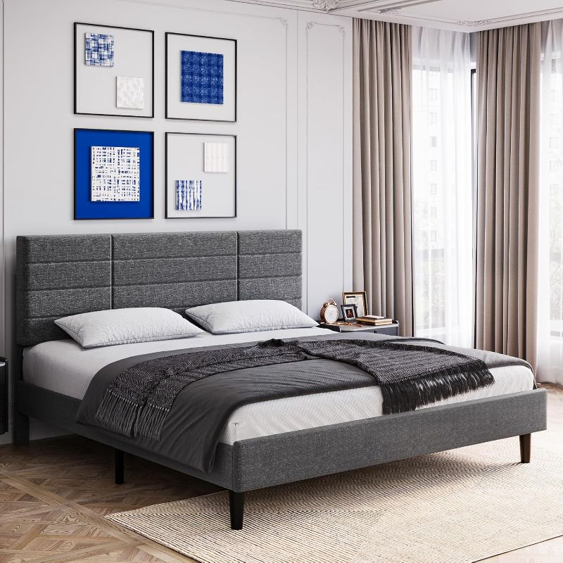 Photo 1 of (READ FULL POST) Molblly Full Size Bed Frame with Upholstered Headboard - Strong Frame, Wooden Slats Support, Non-Slip, Noise-Free, Easy Assembly, Dark Grey
