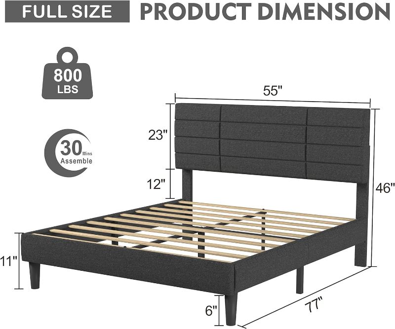 Photo 4 of (READ FULL POST) Molblly Full Size Bed Frame with Upholstered Headboard - Strong Frame, Wooden Slats Support, Non-Slip, Noise-Free, Easy Assembly, Dark Grey
