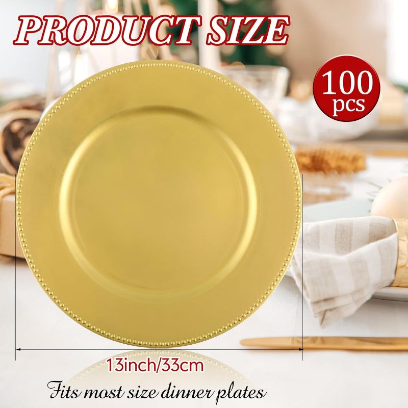 Photo 4 of (READ FULL POST) Jinei Charger Plates, 100Pcs Gold Plastic Reusable Dinner Charger Plates, 13'' Round Vintage Table Decoration, for Wedding, Party & Holiday