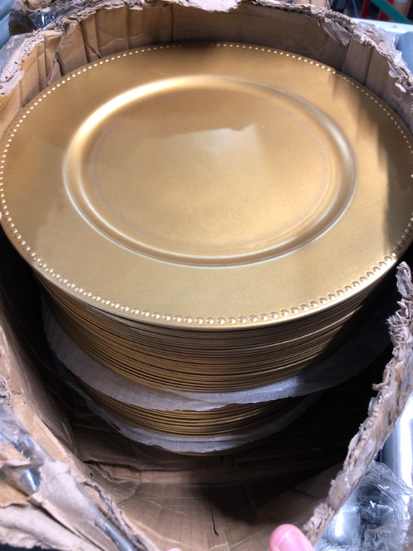 Photo 3 of (READ FULL POST) Jinei Charger Plates, 100Pcs Gold Plastic Reusable Dinner Charger Plates, 13'' Round Vintage Table Decoration, for Wedding, Party & Holiday