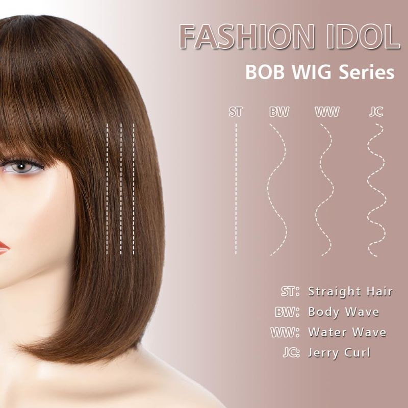 Photo 3 of (READ FULL POST) FASHION IDOL Short Straight Human Hair Bob Wig with Bangs for Women Shell Ends Series Show A Small Face 10 Inches Medium Brown & Light Auburn Wig