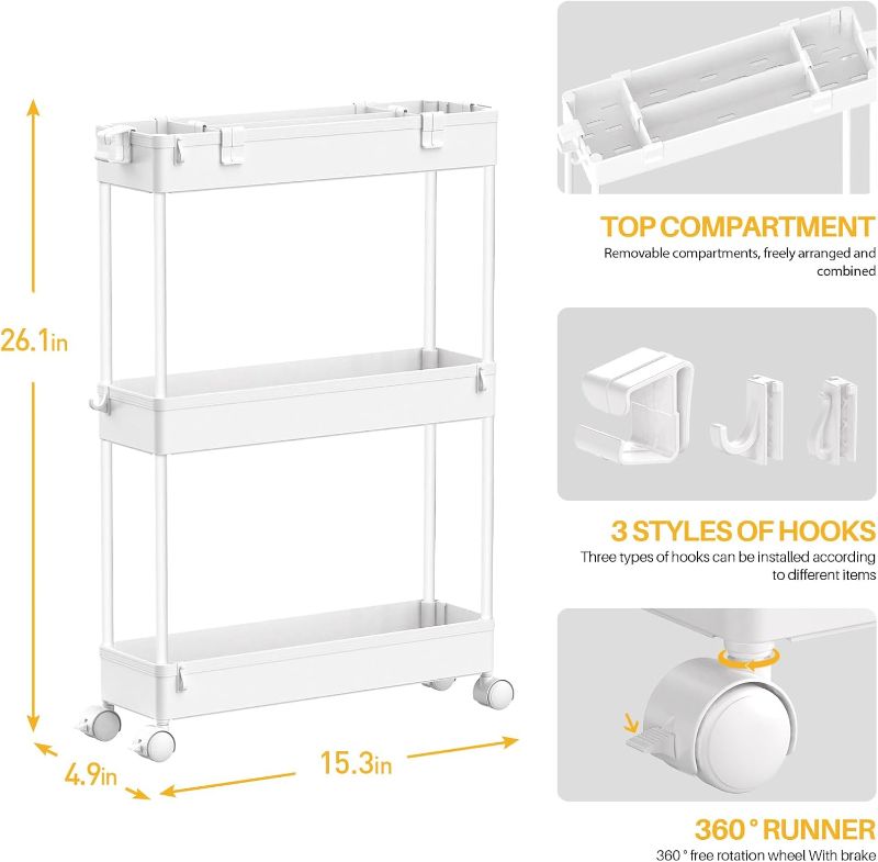 Photo 4 of (READ FULL POST) SPACELEAD Slim Storage Cart,3 Tier Bathroom Rolling Utility Cart Slide Out Cart, Mobile Shelving Unit Organizer Trolley for Office Bathroom Kitchen Laundry Room Narrow Places, White