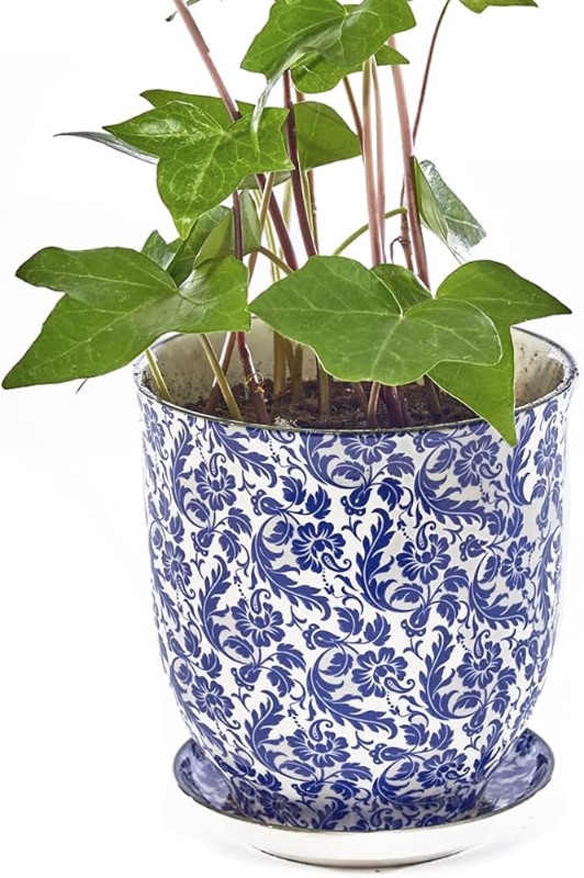 Photo 1 of  4.25” Cute Vintage Farmhouse Style Planters for Indoor Plants — Beautiful Home & Kitchen Decor — Blue/Green Leaves