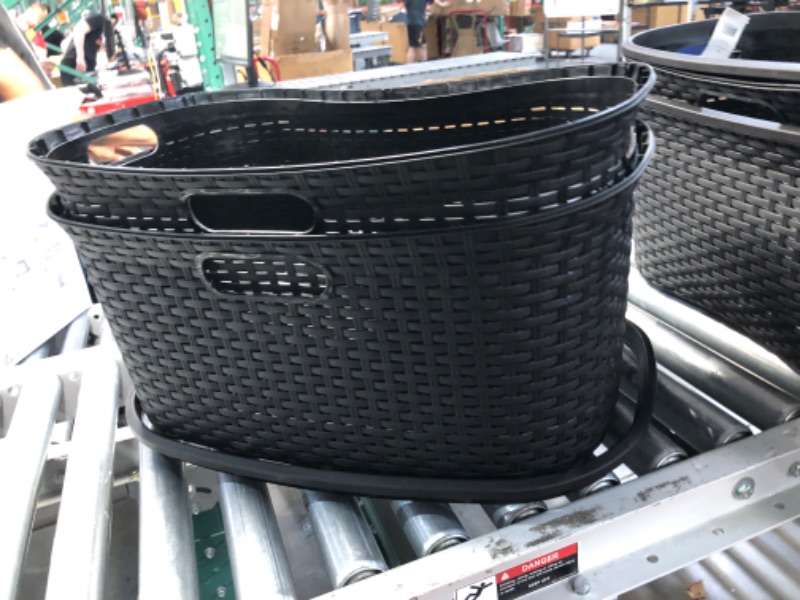 Photo 2 of **MINOR DAMAGE RIM DOES NOT GO IN PLACE- STILL FUNCTIONAL**
Mind Reader 40L Laundry Basket, Clothes Hamper, Wicker Design, Plastic, 23"L x 14.5"W x 11"H, Set of 2, Black Black Set of 2