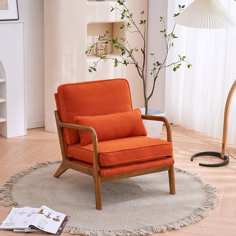 Photo 1 of **read notes** Karl home Accent Chair Mid-Century Modern Chair with Pillow Upholstered Lounge Arm Chair with Solid Wood Frame & Soft Cushion for Living Room, Bedroom, Belcony, Burnt Orange