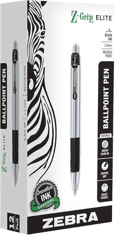 Photo 1 of **BUNDLE**(3 boxes) Zebra Pen Z-Grip Elite Retractable Ballpoint Pen, Metal Barrel, Medium Point, 1.0mm, Black Ink, 12-Pack (27010)