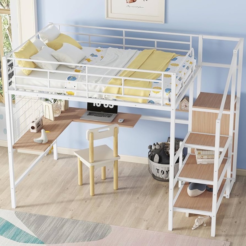 Photo 1 of ***INCOMPLETE - BOX 2 OF 2 ONLY - PARTIAL SET - CANNOT BE FULLY ASSEMBLED - SEE COMMENTS***
Full Size Loft Bed with Desk and Storage Wardrobe, Heavy Duty Loft Bed with Stairs and Metal Grid, Full Size Loft Bed for Kids, Girls, Boys, White Loft Bed Full Si