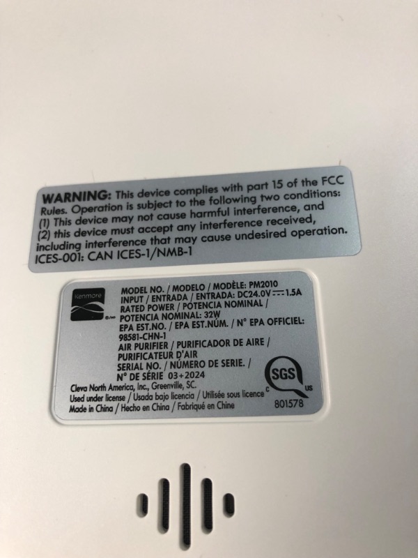 Photo 4 of ***ITEM TESTED FOR POWER, UNABLE TO TEST FURTHER***
Kenmore PM2010 Air Purifiers with H13 True HEPA Filter, Covers Up to 1200 Sq.Foot, 24db SilentClean 3-Stage HEPA 