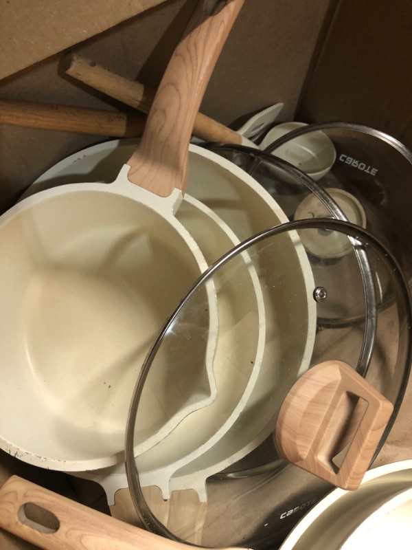 Photo 1 of ***USED - COVERED IN SCRATCHES - MISSING A PAN - SEE PICTURSE***
CAROTE Pots and Pans Set Non stick, Cookware Sets 11 pcs, Kitchen Cooking Set Cookware Cream White 11 Piece