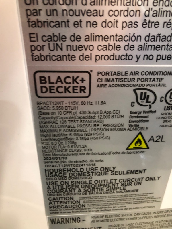 Photo 6 of ***USED - POWERS ON - UNABLE TO TEST FURTHER - LIKELY MISSING PARTS***
BLACK+DECKER BPACT12WT Portable Air Conditioner, 12,000 BTU, White