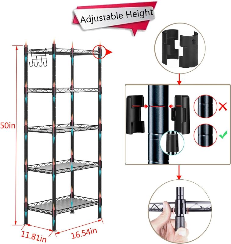 Photo 4 of (READ FULL POST) Shelf 5 Wier Metal Storage Rack Shelving Unit Organizer for Kitchen Laundry Garage Bathroom Pantry Closet Office(16.54" Wx11.81 Dx50 H,Black) 5 Shelf Black