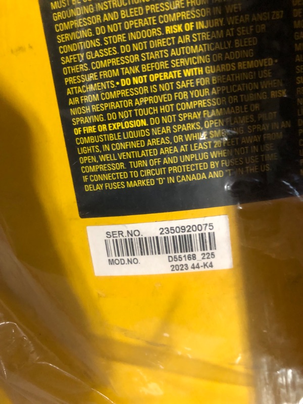 Photo 3 of ***USED - POWERS ON - BUT DOESN'T BUILD AIR PRESSURE - UNABLE TO TROUBLESHOOT - MISSING WHEELS***
DEWALT Vertical Portable Compressor, 1.9 Hp 200 Psi Oil Free High Pressure Low Noise (D55168) Multi