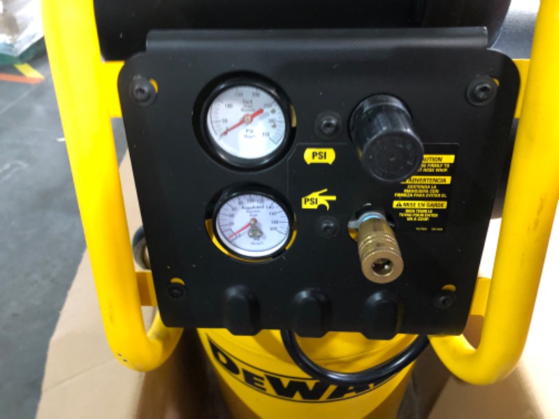 Photo 5 of ***USED - POWERS ON - BUT DOESN'T BUILD AIR PRESSURE - UNABLE TO TROUBLESHOOT - MISSING WHEELS***
DEWALT Vertical Portable Compressor, 1.9 Hp 200 Psi Oil Free High Pressure Low Noise (D55168) Multi