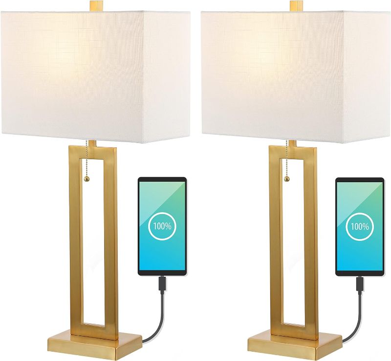 Photo 1 of [ITEM HAS LOOSE PARTS]**
JONATHAN Y JYL1126A-SET2 Sabrina 28.5" Vintage Industrial Iron LED Table Lamp with Pull-Chain and USB Charging Port Mid-Century, Minimalist Bedside Desk Nightstand Lamp, Brass Gold (Set of 2