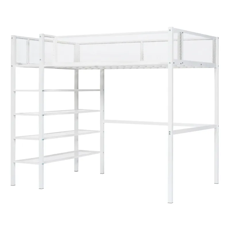 Photo 1 of ***PARTIAL SET - BOX 1 OF 2 ONLY - CANNOT BE FULLY ASSEMBLED - SEE PICTURES***Full Size Metal Loft Bed, Heavy Duty Steel Bed Frame with 4-Tier Shelves/Ladder and Bed Side Storage Platform, Space-Saving Multi-functional Bed for Small Room, Pink